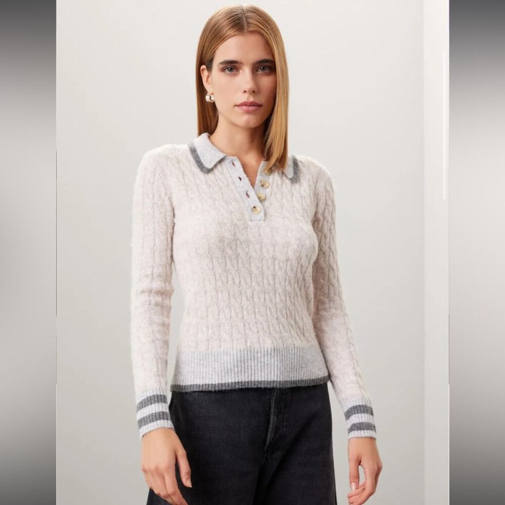 RTR Central Park West Bobbie Cream Long Sleeve Cable Knit Polo Sweater Sz XSâ